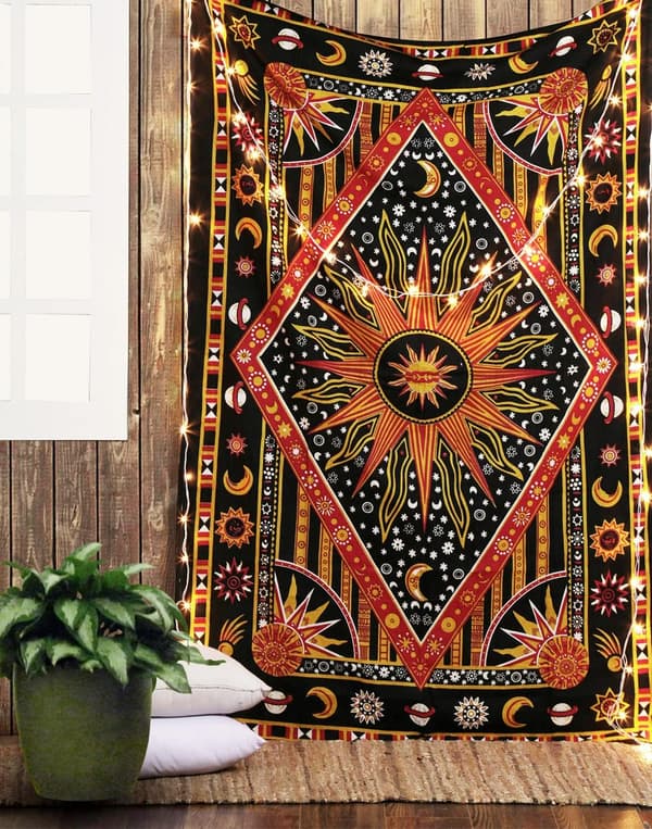 1 stk bomullssol og måne veggteppe 213x137cm Hippie Mandala Etnisk