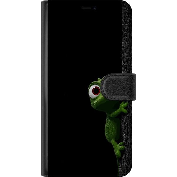 Compatible Wallet Case for Samsung Galaxy S7 Small green lizard climbing on dark surface with large expressive eyes black