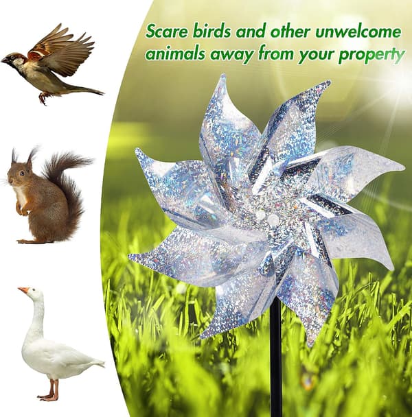 Garden Wind Spinners: Silver Reflective Wind Wheels for Humane Bird Control, Easy-to-Assemble Decorative Devices That Add Visual Effects to Your