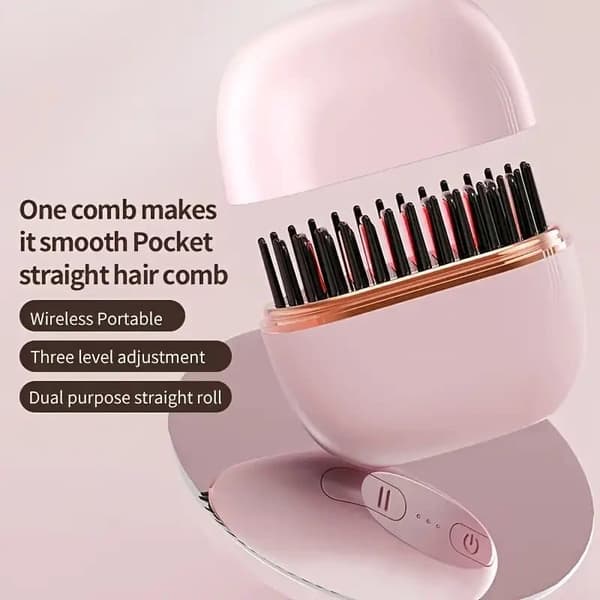 Mini Wireless Hair Brush & Hot Brush Straightener for Bangs, USB Rechargeable, Portable, Compact