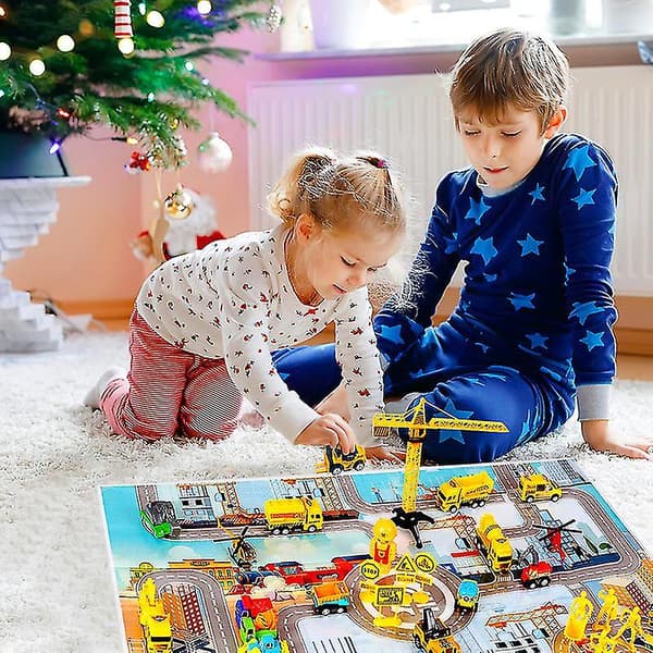 Biler julekalender til børn drenge 2025 jul, 24 træk-tilbage-køretøjer legesæt med kranhelikopter traktor konstruktion tru