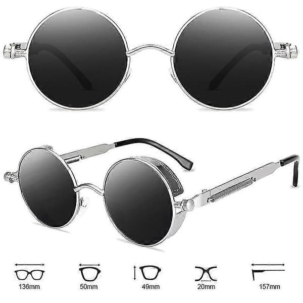 Vintage polariserede Steampunk runde solbriller til mænd, stilfulde Silver Frame Grey Lenses