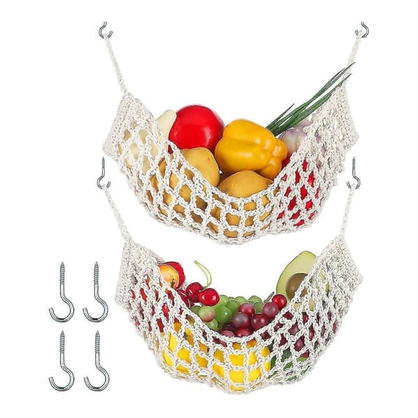 2 Pieces Macrame Fruit Hammock for Kitchen Under Cabinet Hanging Fruit Baskets Hand-Woven Decorative Fruit Net Bags