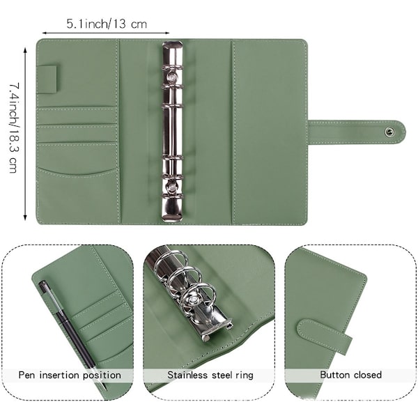 A5 PU Leather Binder, Refillable 6-Ring Binder, Budget Binder, A5 Notebook Binder (Liner Not Included) - Green