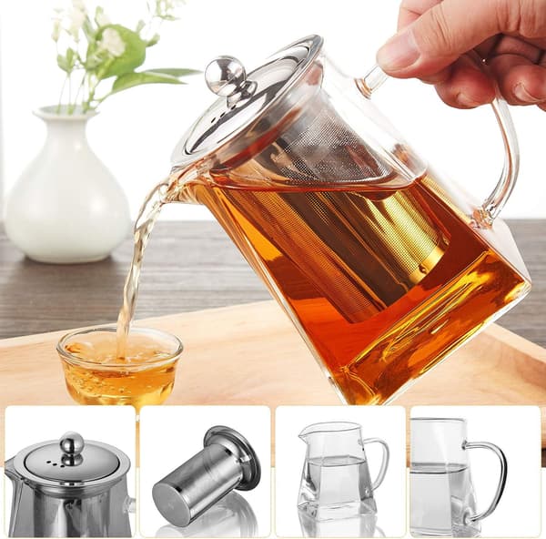 Square Glass Teapot with Strainer, 550ml Borosilicate Teapot with Infuser, Clear Loose Leaf Teapot