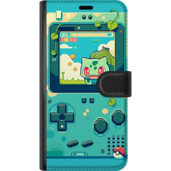 Compatible Wallet Case for Samsung Galaxy A35 Retro handheld game console with pixel graphics and cute green character in nostalgic game style