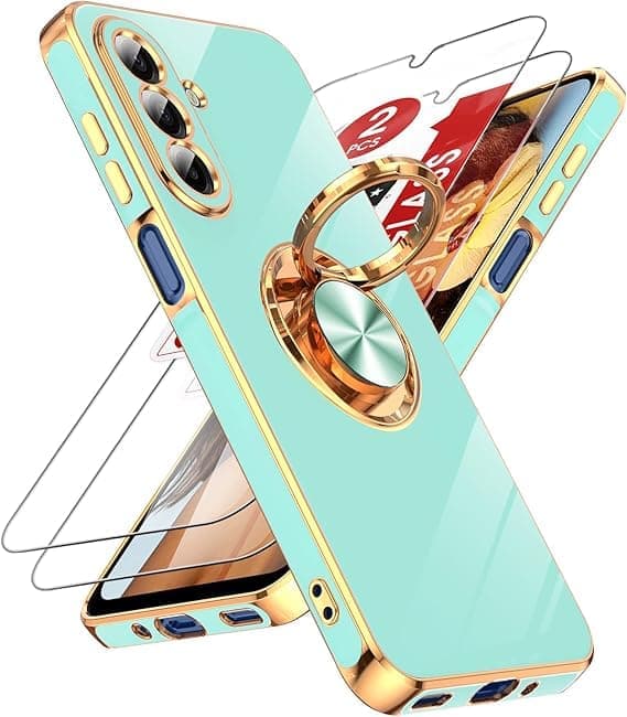 LeYi for Samsung Galaxy A17 5G Case, 2-Pack Tempered Glass Screen Protector, 360° Rotatable Ring Holder, Magnetic Stand, Mint Mint Mint