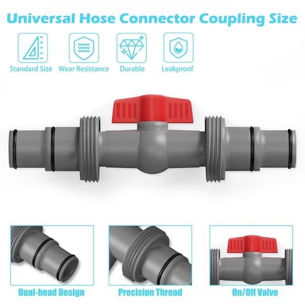 Pool Hose Adapter with On/Off Valve - 1 - 1/4″ & 1 - 1/2″ T-Shaped Plastic Connector, Leak-Proof Design for Pool Vacuum Cleaner grey