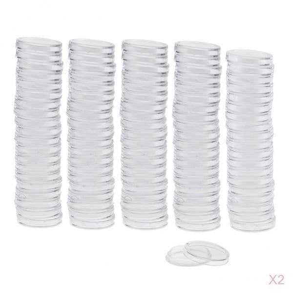 Klare plastmyntkapsler, 200, 22 mm, myntstativ, boks