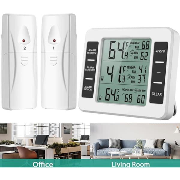 Refrigerator and Freezer Thermometer, Wireless Refrigerator Thermometer with 2 Sensors, for Home Kitchen Restaurant Thermometer