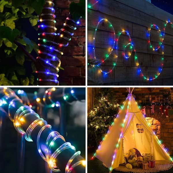 12m Solar String Lights Outdoor, Adjustable Brightness Colorful LED Lights, Flexible Copper Wire String Lights, Neon LED String Lights, 100 LED Lights