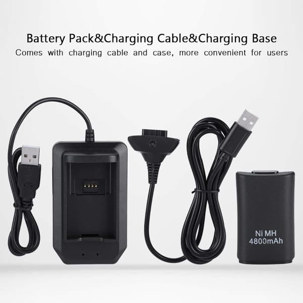 Xbox 360-kontrollerbatterisett, 2*4800mAh batteri USB-ladekabel+ladestasjon