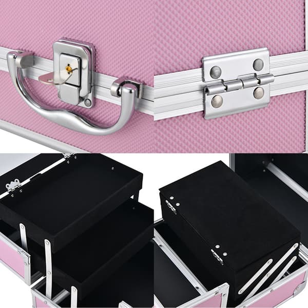 Cosmetic Box with Adjustable Compartments, Portable Makeup Case with Expandable Trays and Upright Mirror, Lockable Makeup Organizer