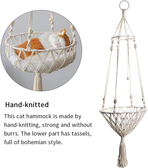 Boho Cat Window Sill, Hand-Woven Macrame Cat Hammock, Indoor Cat Bed for Sleeping, Round Pet Bed, Easily Customizable for Extra