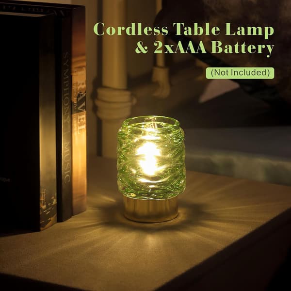 LINEWAY Battery Operated Lamp with Timer, Cordless Small Table Lamp for Home Decor, Decorative Glass Battery Powered Lamp with LED, Green