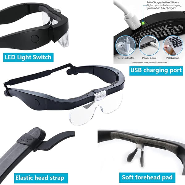 Head Magnifying Glasses with 2 LED Lights, Hands-Free USB Rechargeable LED Magnifier Glasses for Hobbies, Reading, Crafts [DB]