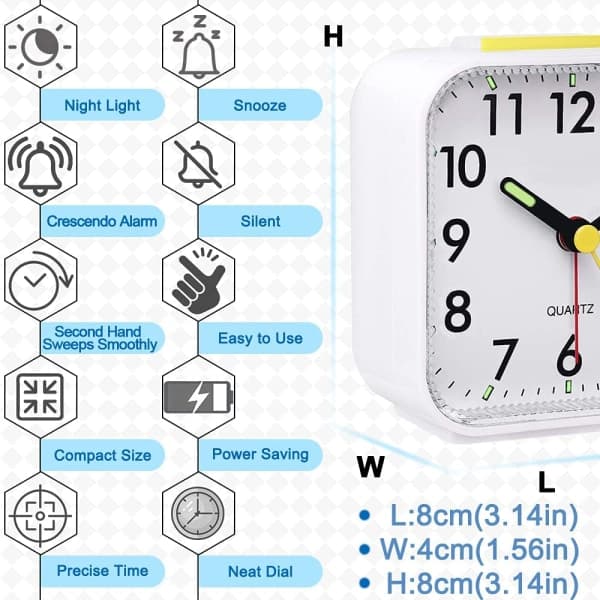 Silent Alarm Clock Battery Operated Non-Ticking Bedside Clocks Large Display Basic Bedroom Clock Snooze Nightlight Feature Easy to Read Use