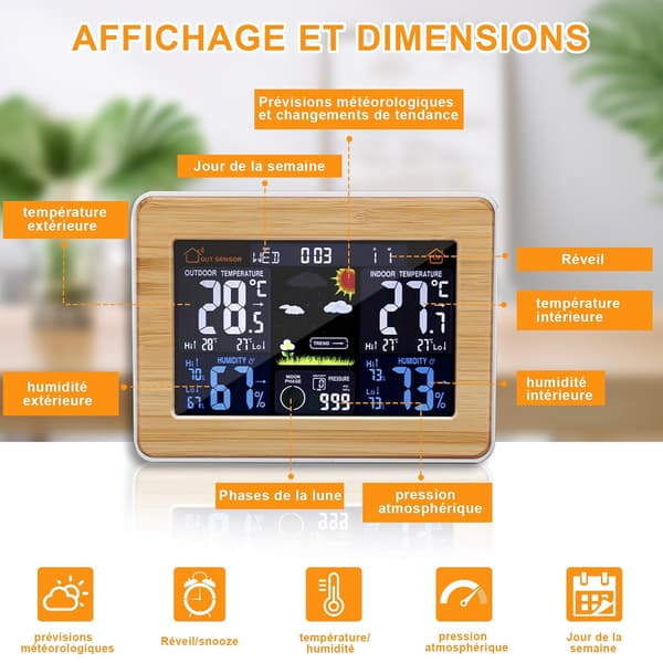 Trådløs værstasjon, trådløs værstasjon for innendørs/utendørs bruk, innendørs termometer med LED-sensor og bakgrunnsbelyst display