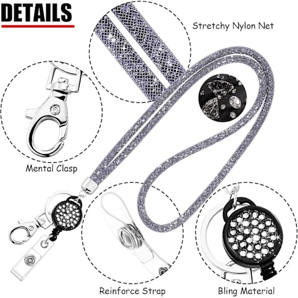 Luksuriøs nøglesnor med krystalperler, importeret nylonnetdesign for uovertruffen elegance (grå, 40 cm/15,75 tommer justerbar længde)