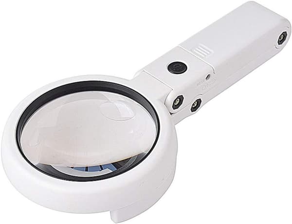 LED Magnifying Lamp with 5X and 10X Lens, 8 LED Lights, Foldable Adjustable Arm, USB Powered for Reading, Crafts, and Jewelry, White