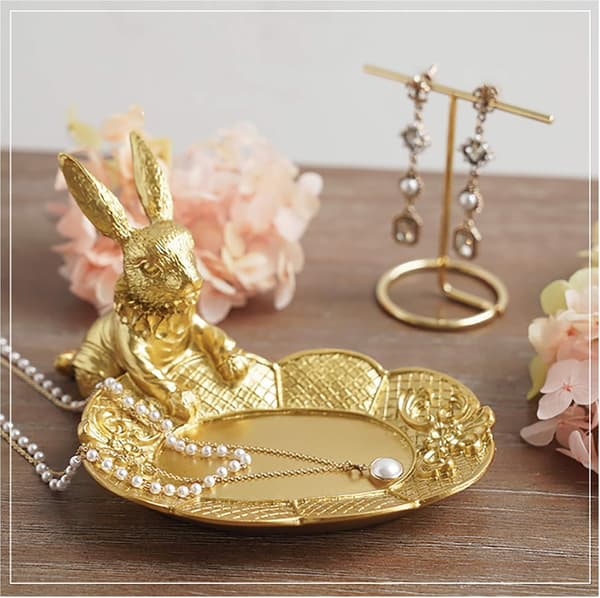 Small Golden Rabbit Figurine Jewelry Ring Dish Decorative Easter