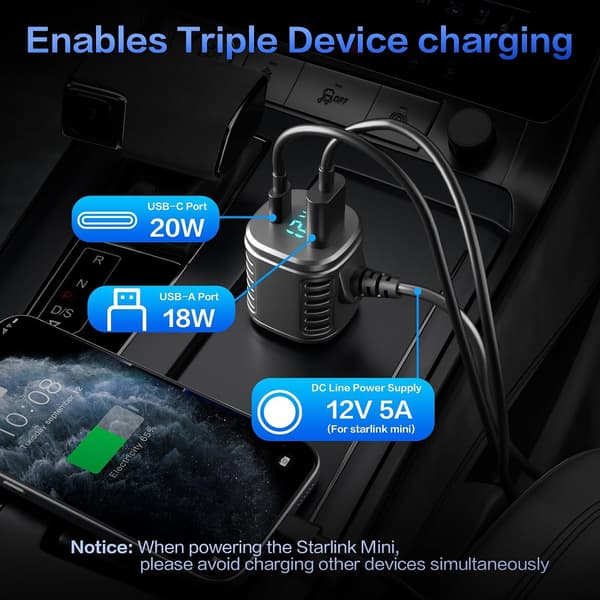 3-i-1 Starlink Mini strømkabel 5m, 12V-24V biloplader med cigarettænderadapter, digitalt display USB C PD & USB A-porte til lastbiler biler