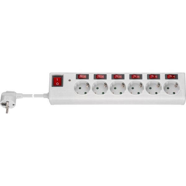 Power strip with switch, 6 outlets, 1.5 m, white