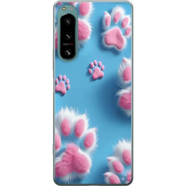 Compatible Mobile Case for Sony Xperia 5 IV Soft pattern with fluffy pink paws against a blue background gives a playful and cute feeling.