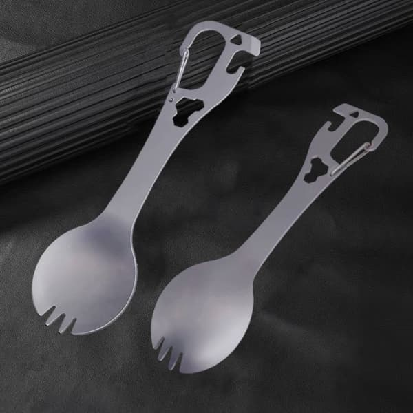 5 i 1 Rustfrit Stål Spork Camping Bestik med Ske Gaffel Kapselåbner
