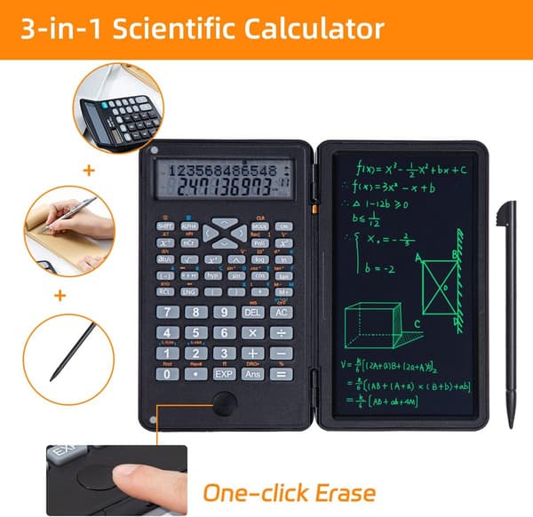 Scientific Calculator with Writing Tablet, Foldable Cover, Anti-Erasure Lock, and One-Key Clear Function, Perfect for School, Finance, and Engineering
