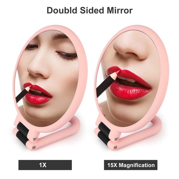 Handheld Mirror with 15x Magnification, Double-Sided Mirror with 1x 15x Magnification and Adjustable Folding Handle, Handheld Stand Travel Mirror