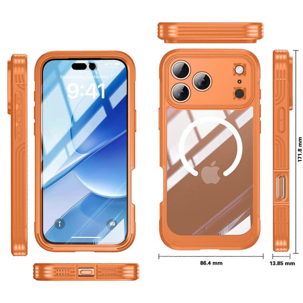 TKdaddy Skal för iPhone 17 Pro Max Kompatibelt med MagSafe PC + TPU Telefonskydd med Härdat Glas Skärmskydd Orange