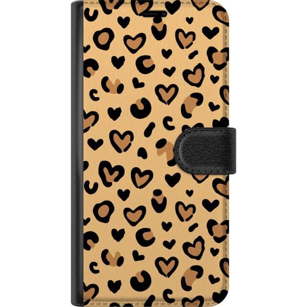 Compatible Wallet Case for Apple iPhone 12 Playful pattern with hearts and leopard spots in trendy beige and black design