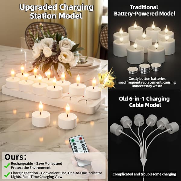 Rechargeable Tea Lights, 12 Rechargeable Candles with Remote Control and Charging Station, LED Flameless