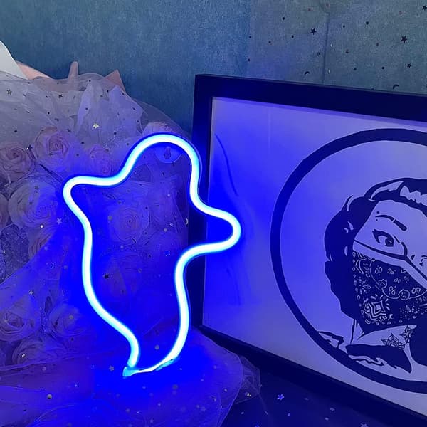 Neon Ghost LED Neonskilt Lys Halloween Spøgelse Neon – silikone, blå – til soveværelse, stue