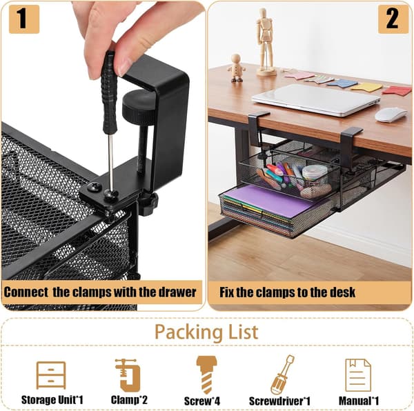 Under-desk Pull-out Drawer Organizer, 2-Tier Metal Clamp-on Storage Drawers for Home Office, Black, No Drilling