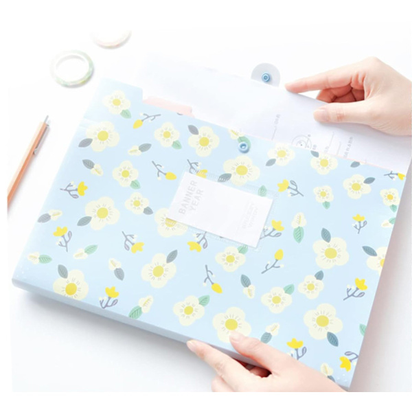 A4 Document Folder with 8 Pockets, Waterproof Document Folder, Floral Pattern Expanding File Organizer, for School and Home Yellow