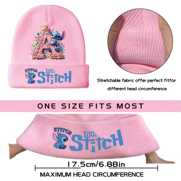 Disney Stitch Bogstav A-Z Print Design Damehue, Elastisk Løs Pasform, Efterår/Vinter Varm Unisex Hat, Letvægt og [DB] B