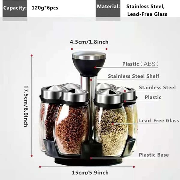 Storage Jars - Simple Spice Container Set with 6 Spice Bottles and a Spice Rack, Rotatable Spice Jars
