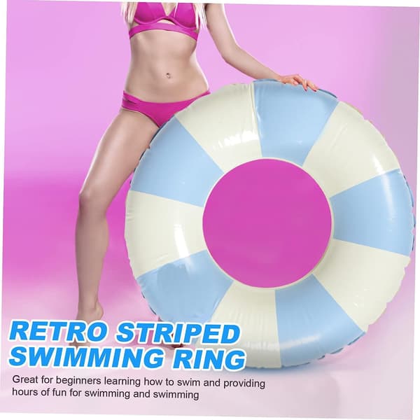 Inflatable Swim Ring for Adults, Retro Striped PVC Pool Float, Compatible with Various Brands [GPA] Blue