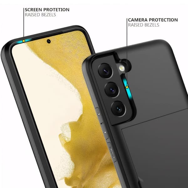 Galaxy S22 Plus -iskunkestävä korttipidike puhelinkotelo + 2 linssinsuojaa, musta Galaxy S22 Plus + 2 linssinsuojaa