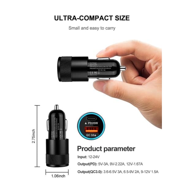 38W Dobbelt Biloplader 20W USB-C & 18W USB-A QC3.0 Sort M