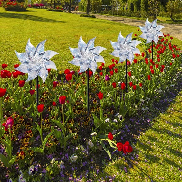 Garden Wind Spinners: Silver Reflective Wind Wheels for Humane Bird Control, Easy-to-Assemble Decorative Devices That Add Visual Effects to Your