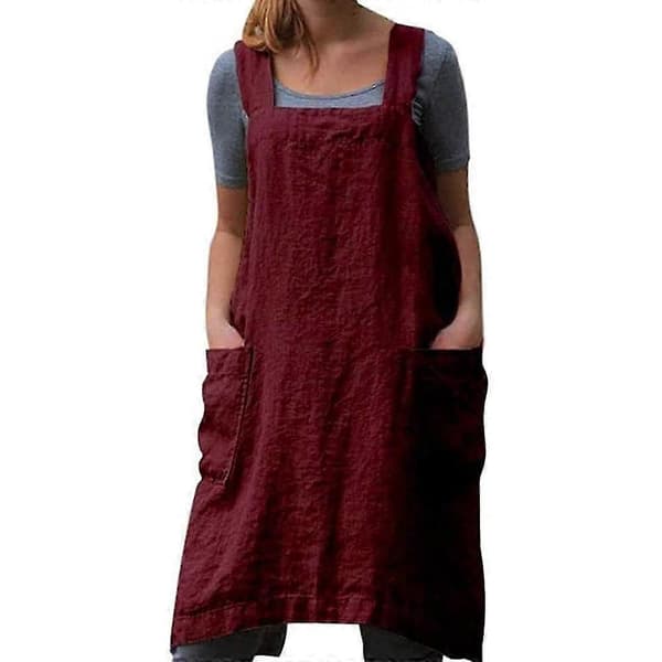 Bomulls- og linsforkle med kryssstropper for kvinner med store lommer, XXLXXL