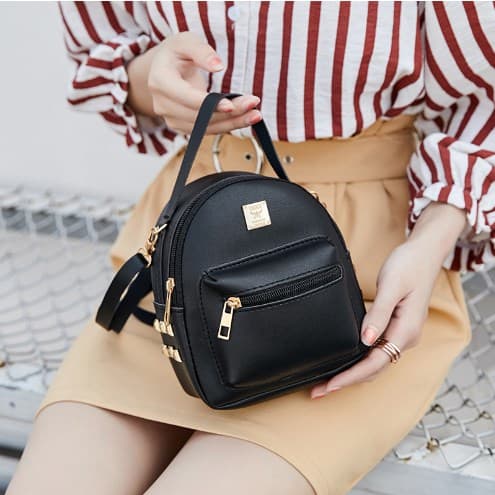 [LCS] Women's Backpack PU Detachable Shoulder Strap Lightweight Practical Mini Women's Small Backpack with Handle Black Free Size
