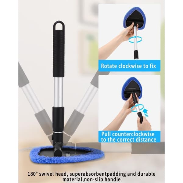 Windshield brush, interior windshield cleaner, windshield cleaner with telescopic handle with 180° swivel handle and 6 washable pads, blue