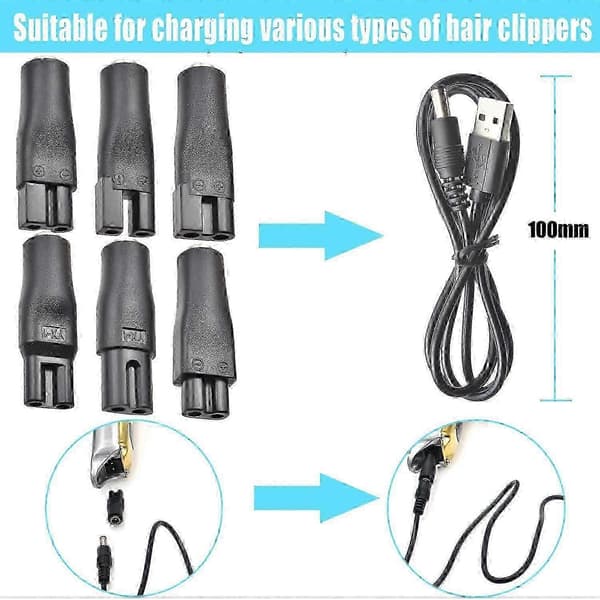 7-delt 5V USB-strømkabelsett for hårklippere, trimmere, barbermaskiner og skrivebordslamper - Universell erstatningslader