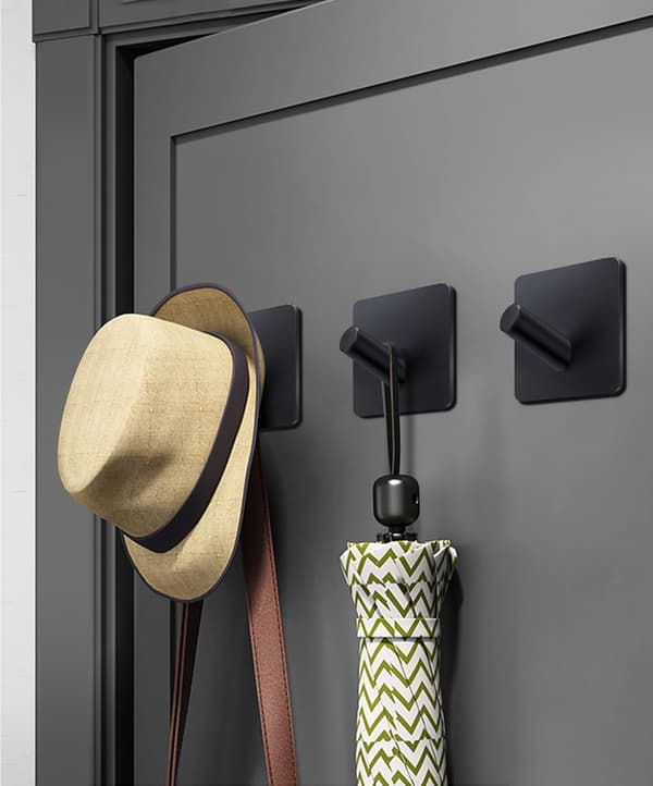 Heavy Duty Adhesive Hooks, Bathroom Hooks 8 Pack, Stainless Steel Wall Hooks Matte Black for Doors/Bathroom/Coat/Bathrobe/Kitchen, Wall Hooks Without