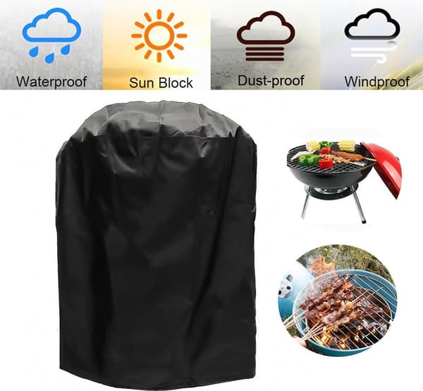 Rundt BBQ Grillovertræk, Sort, Vandtæt og Støvtæt, 71x73cm, til Kuglegrill med Opbevaringspose
