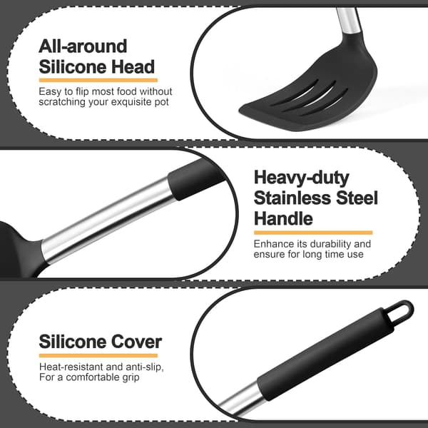 Black Kitchen Utensil Set, 4 Pieces, Silicone Spatulas, Solid Spoons, Turners for Non-stick Cookware, Flipping, Mixing, Heat Resistant